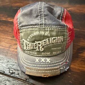 True Religion Red and Gray Distressed Cap